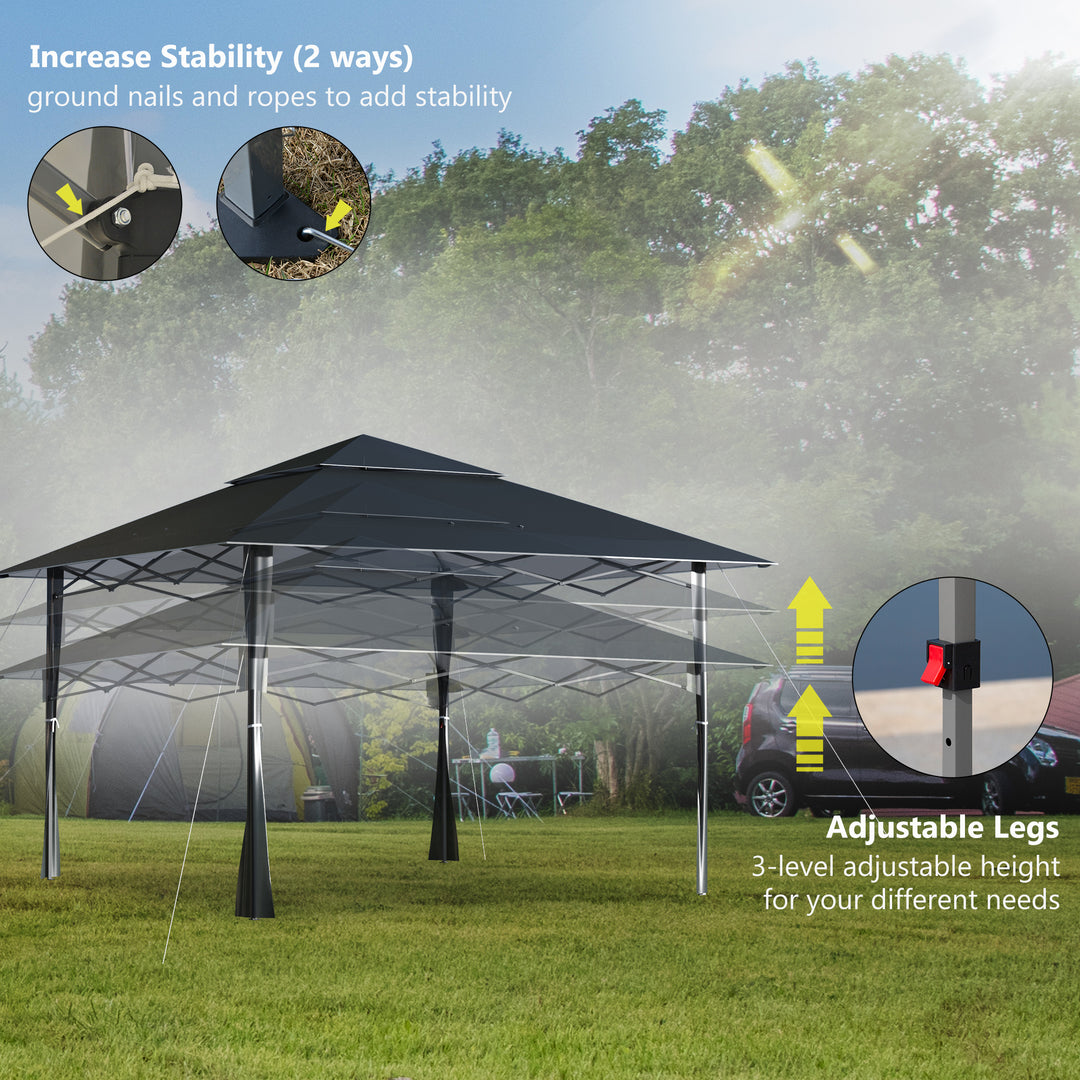 Outsunny 4 x 4m Pop-up Gazebo Double Roof Canopy Tent with UV Proof, Roller Bag & 3-Level Height Adjustable Outdoor Party, Steel Frame, Dark Grey
