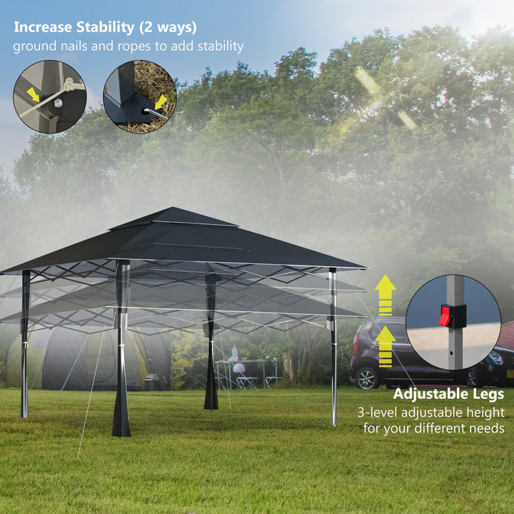 Outsunny 4 x 4m Pop-up Gazebo Double Roof Canopy Tent with UV Proof, Roller Bag & 3-Level Height Adjustable Outdoor Party, Steel Frame, Dark Grey