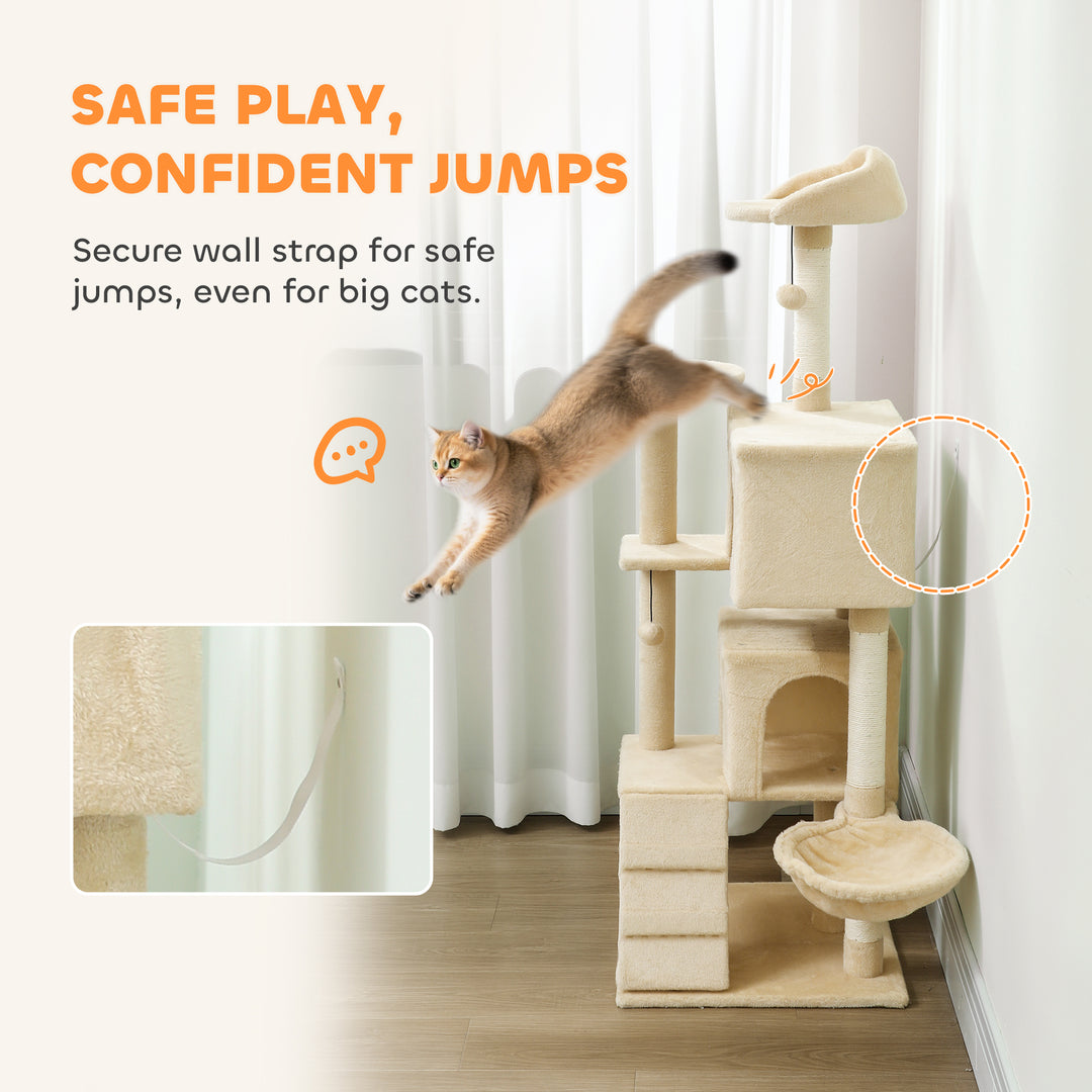 MCL 140cm Large Cat Tree Tower with Sisal Scratching Posts, Condos, Plush Perches, Hammock, Ladder, Beige