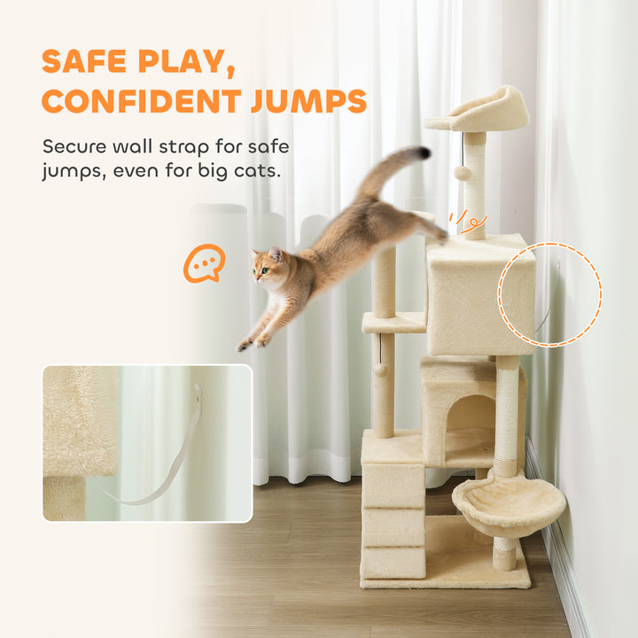 MCL 140cm Large Cat Tree Tower with Sisal Scratching Posts, Condos, Plush Perches, Hammock, Ladder, Beige