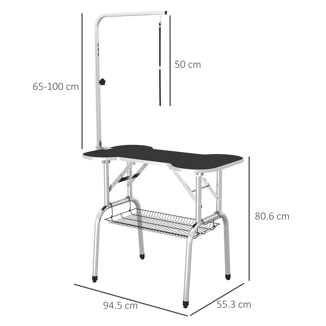 Foldable Dog Grooming Table Pet Drying Table with Adjustable Arm Non-Slip Rubber Tabletop Aluminium Alloy Edge Stainless Steel Bar Sling 94.5 x 55 x 81cm Black