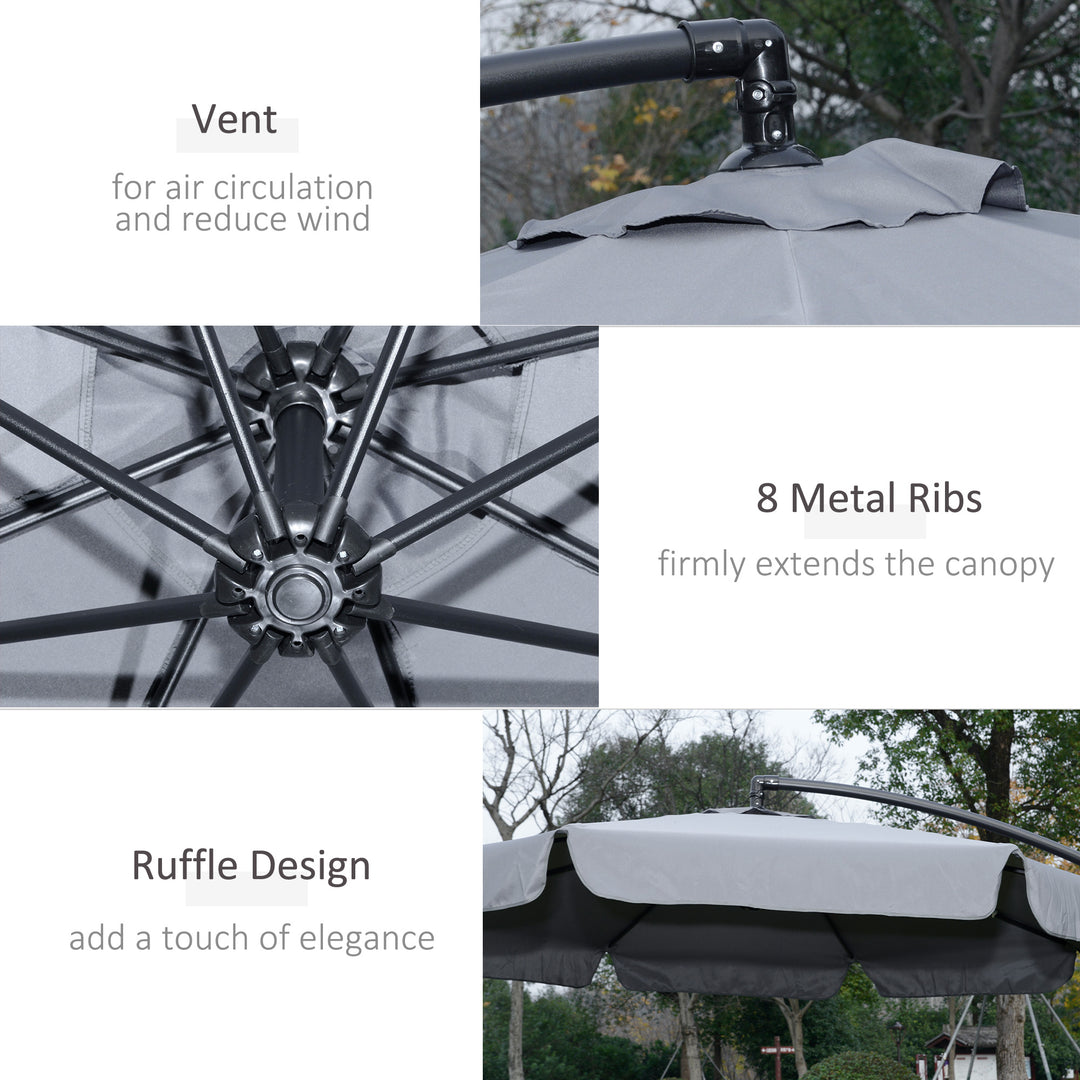 2.7m Garden Banana Parasol Cantilever Umbrella with Crank Handle and Cross Base for Outdoor, Hanging Sun Shade, Dark Grey