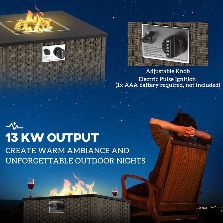 Rattan Gas Fire Pit Table for Garden, 13 KW Smokeless Propane Fire Pit with Lid, Square Garden Coffee Table with Patio Heater for Outdoor, Patio, 58 x 58 x 33 cm, Grey