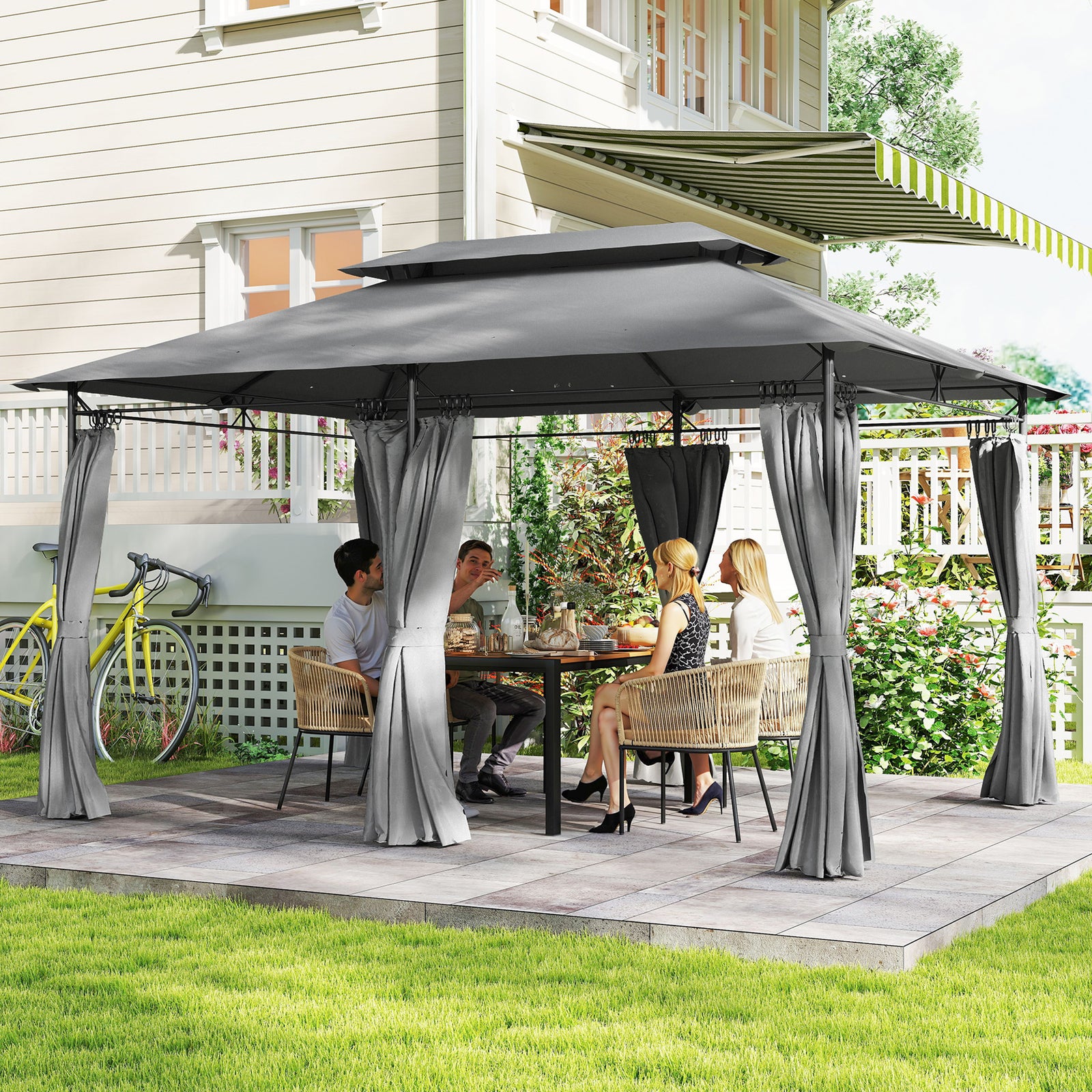 3 x 4m Metal Frame, Two-Tier Roof Gazebo - Dark Grey