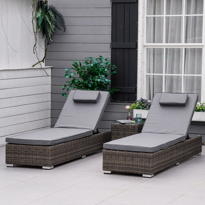 Outsunny 3 Pieces Patio PE Rattan Sun Lounger Set, Adjustable Outdoor Half