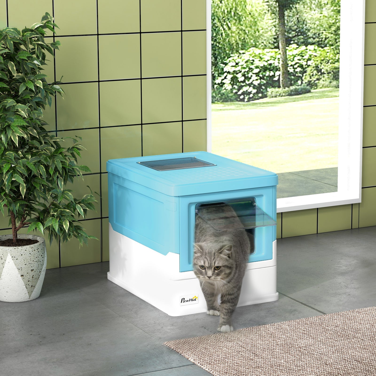 Hooded Cat Litter Box, Portable Pet Toilet, with Scoop, Front Entry - Light Blue