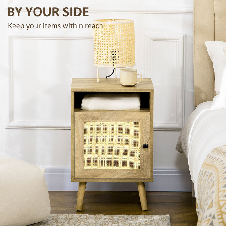 Bedside Table with Rattan Element, Side End Table with Shelf and Cupboard, 39cmx35cmx60cm, Natural