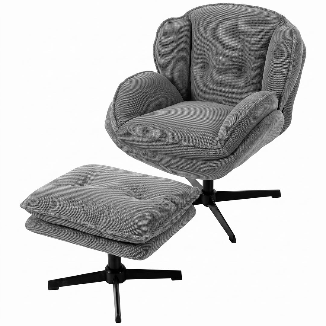Armchair with Adjustable Footstool, 360-Degree Swivel Chenille Cloud - Grey