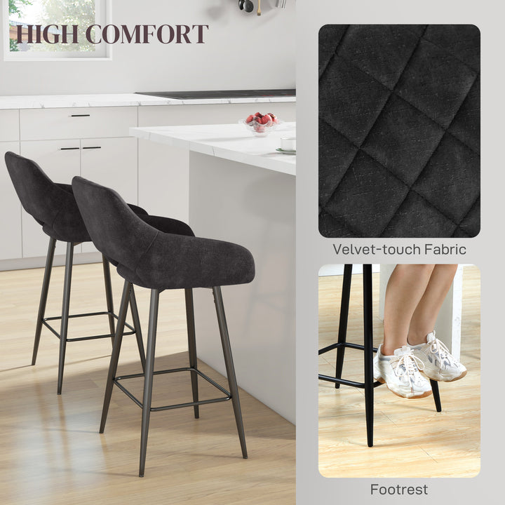 Set of Two Velvet-Feel Bar Stools - Grey
