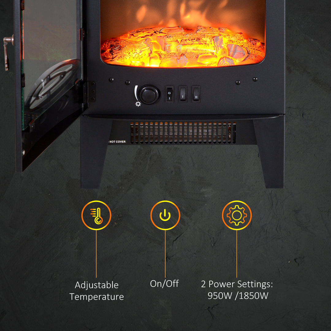 Tempered Glass Casing Electric Fireplace, Freestanding Electric Fire with Realistic Flame Effect, Log Burner with Overheat Protection, 950w/ 1850W, Black