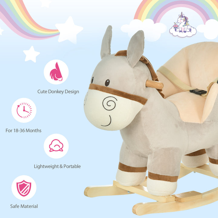 Kids Children Rocking Horse Plush Ride On Donkey Seat w/ Sound Wood Base Seat Safety Belt Toddler Baby Toy Rocker Grey 18 - 36 Months