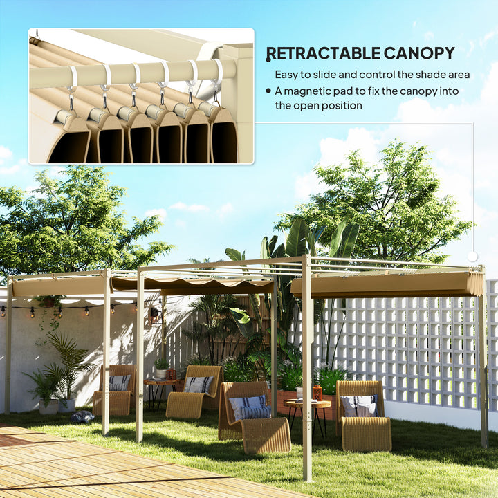 Outsunny 3 x 3(m) Garden Pergola with Retractable Roof and Magnetic Fixture, Outdoor Gazebo Pergola Kit Sun Shade Canopy, UPF30+, Khaki