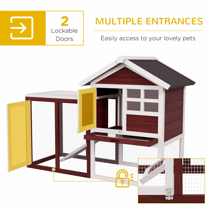 PawHut 122 Wooden Rabbit Hutch Bunny Cage with Waterproof Asphalt Roof, Fun Outdoor Run, Removable Tray and Ramp, Brown