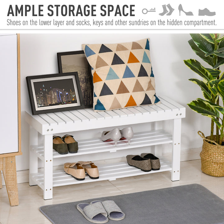Shoe Bench, 3-Tier Wooden Shoe Rack with Hidden Storage Compartment, Slatted Shelves, Home Storage Unit, Hallway Furniture, White, 90L x 29W x45H cm