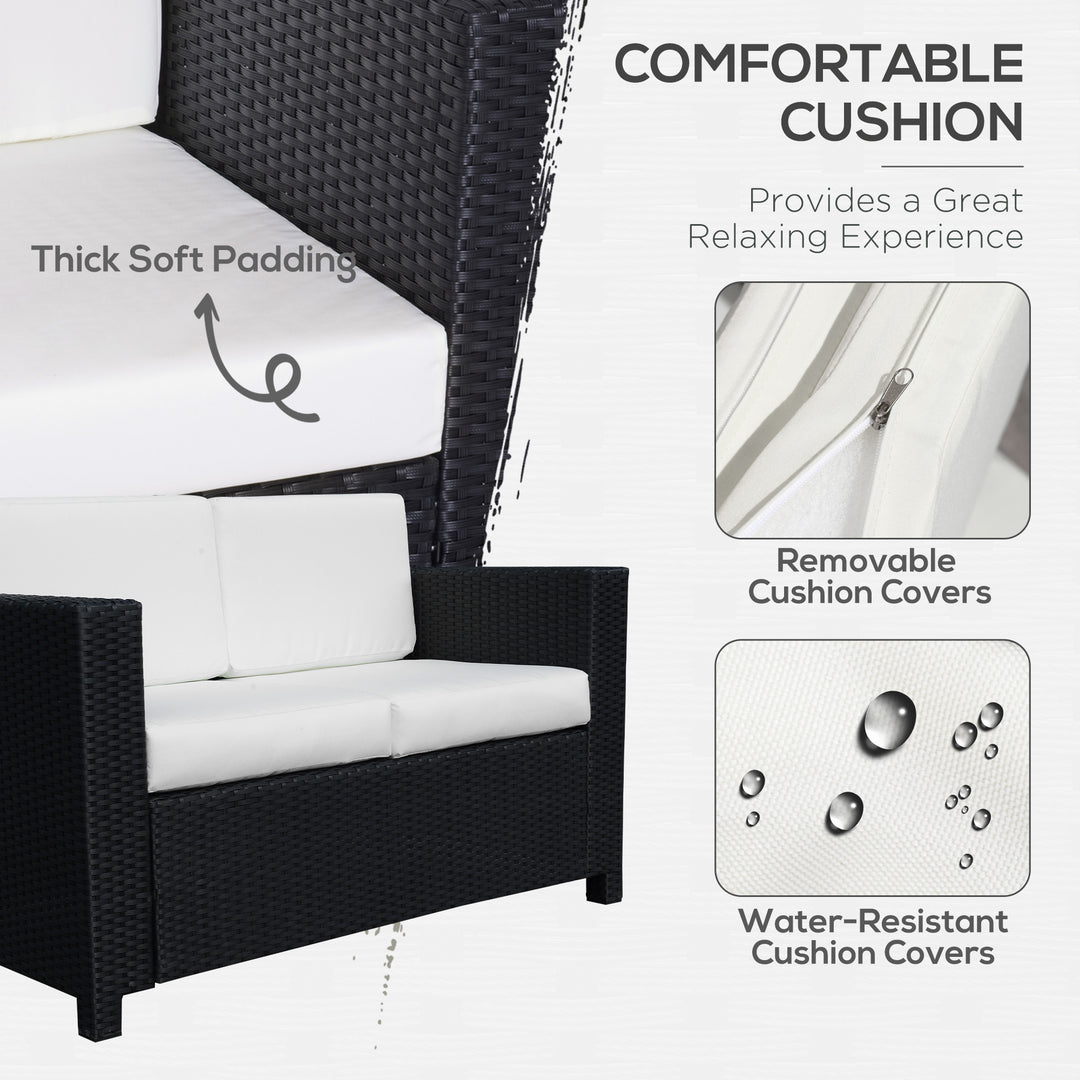 Rattan Sofa, 2 Seater Garden Furniture with Soft Padded Cushion and Armrests, Wicker Garden Loveseat for Patio, Black