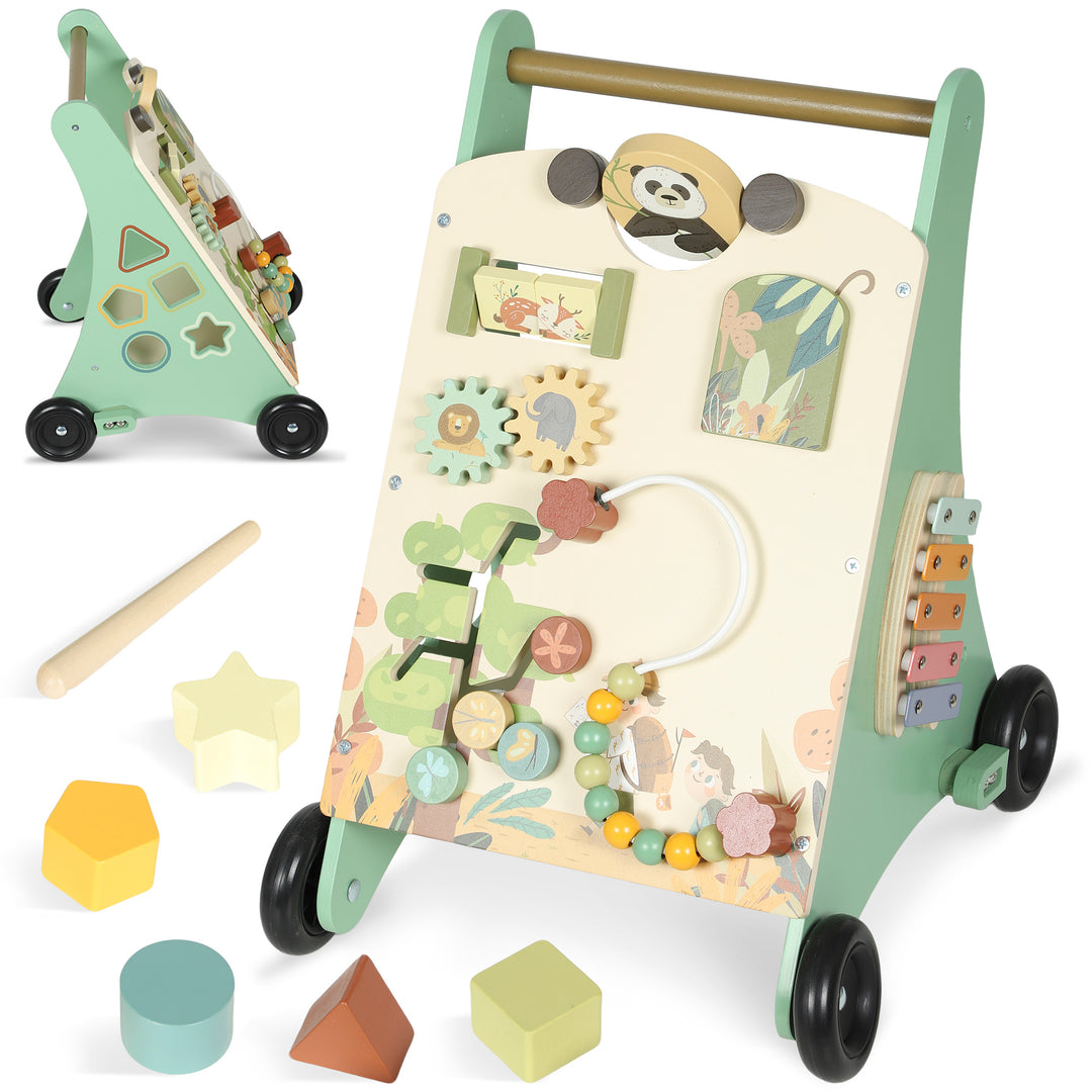 Wooden Baby Walker, Push Along Walker Toys with Speed Control, Xylophone, gears and Bead Maze