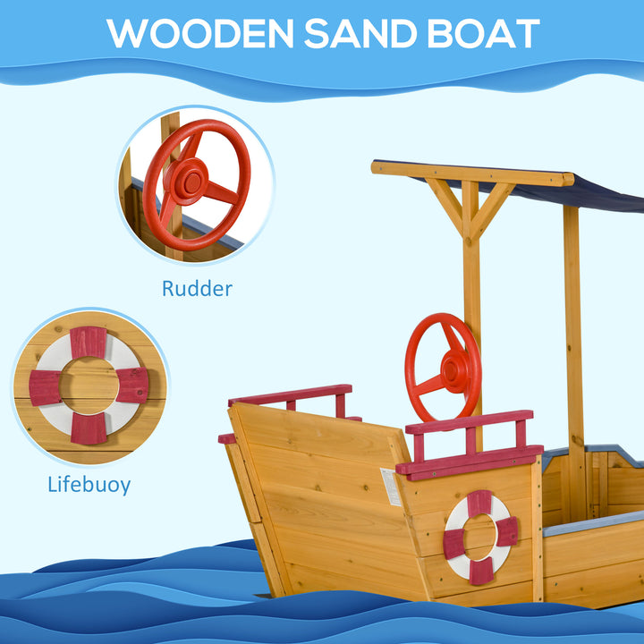 Kids Wooden Sand Pit Children Sandbox Pirate Ship Sandboat Play Station for Outdoor w/ Canopy Shade Storage Bench Bottom Liner