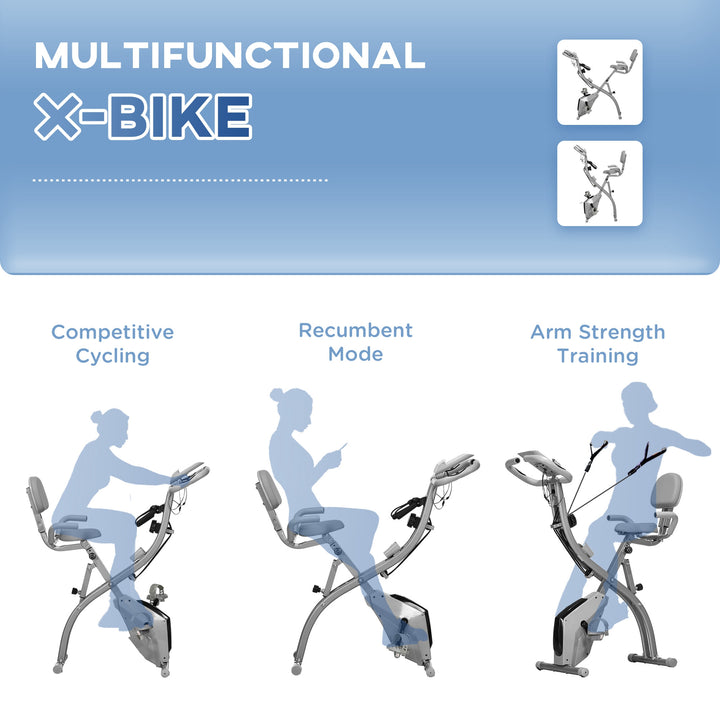 2-in-1 Folding Exercise Bike with 8-Level Magnetic Resistance, Arm Resistance Band, Pulse Sensor, Grey