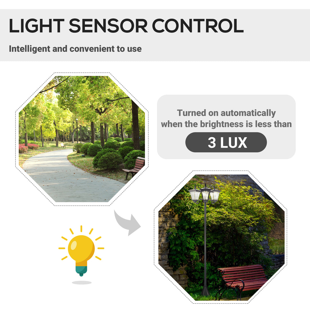 1.8m Traditional Victorian Style 3 Way Head Outdoor Garden Solar Post Lamp Sensor Dimmable LED Lantern Bollard Pathway IP44 – Black