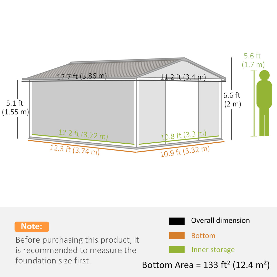 Outsunny 13 x 11ft Metal Garden Shed, Outdoor Storage Tool House with Ventilation Slots, Foundation Kit and Lockable Double Doors, Light Brown
