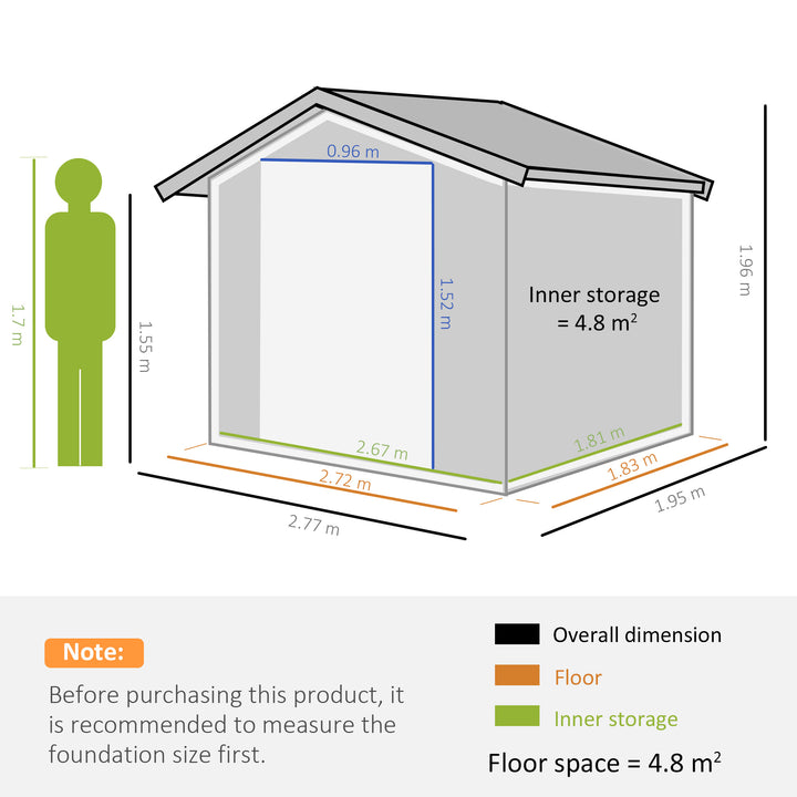 Outsunny 9 x 6 ft Metal Garden Storage Shed Sloped Roof Tool House with Foundation Ventilation & Double Door, Grey