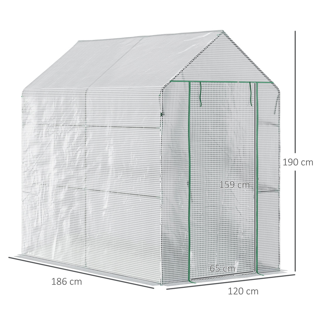 Walk In Greenhouse with 2-Tier Shelves, Roll up Zip Panel Door, Garden Polytunnel Steeple Grow House for Outdoor, 6 x 4 x 6ft White