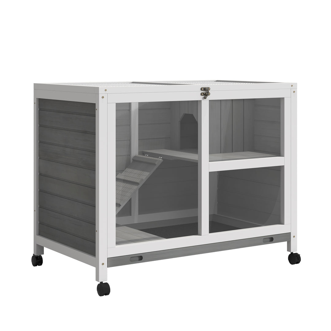 Wooden Rabbit Hutch Indoor with Wheels, Openable Roof, 91.5 x 53.3 x 73 cm, Grey