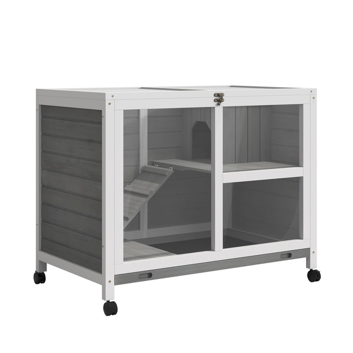 Wooden Rabbit Hutch Indoor with Wheels, Openable Roof, 91.5 x 53.3 x 73 cm, Grey