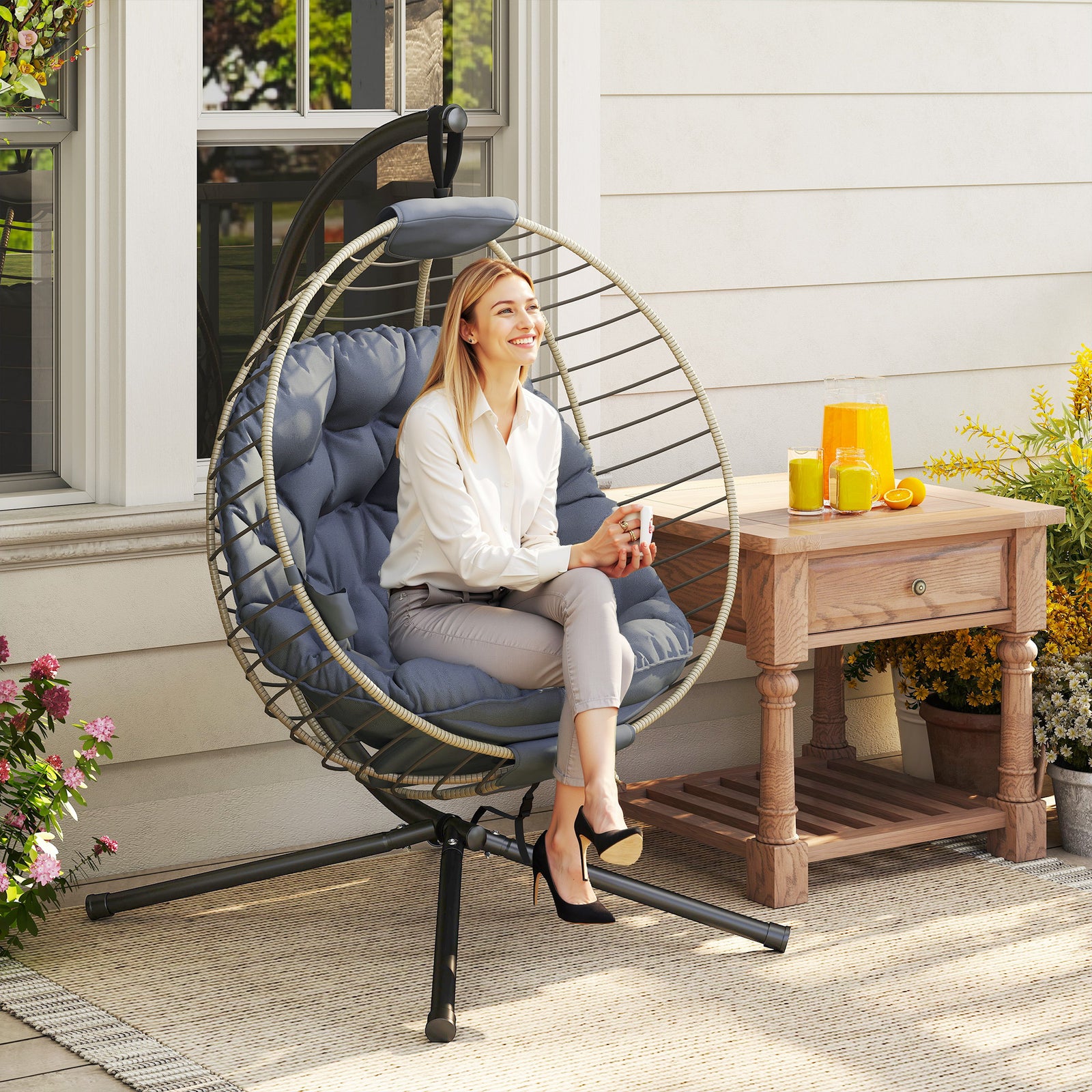 PE Rattan Swing Chair, Outdoor Hanging Chair with Metal Stand, Thick Padded Cushion, Foldable Basket and Cup Holder, for Indoor and Outdoor, Grey