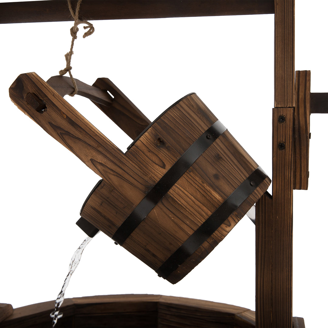 MCL Wooden Garden Wishing Well Fountain Barrel Waterfall Rustic Wood with Pump Garden Décor Ornament