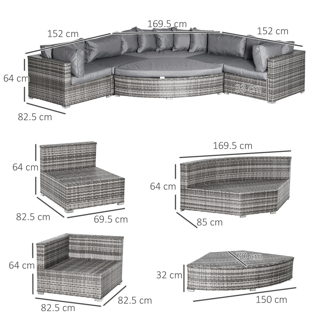 6 Pieces Outdoor PE Rattan Wicker Sofa Set with 10cm Thick Padded Cushionsand Half Round Patio Conversation Furniture Set with Angled Corner Designand Ottomansand and Back Pillows, Grey