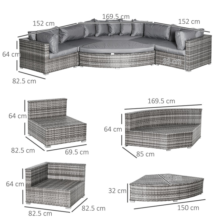 6 Pieces Outdoor PE Rattan Wicker Sofa Set with 10cm Thick Padded Cushionsand Half Round Patio Conversation Furniture Set with Angled Corner Designand Ottomansand and Back Pillows, Grey
