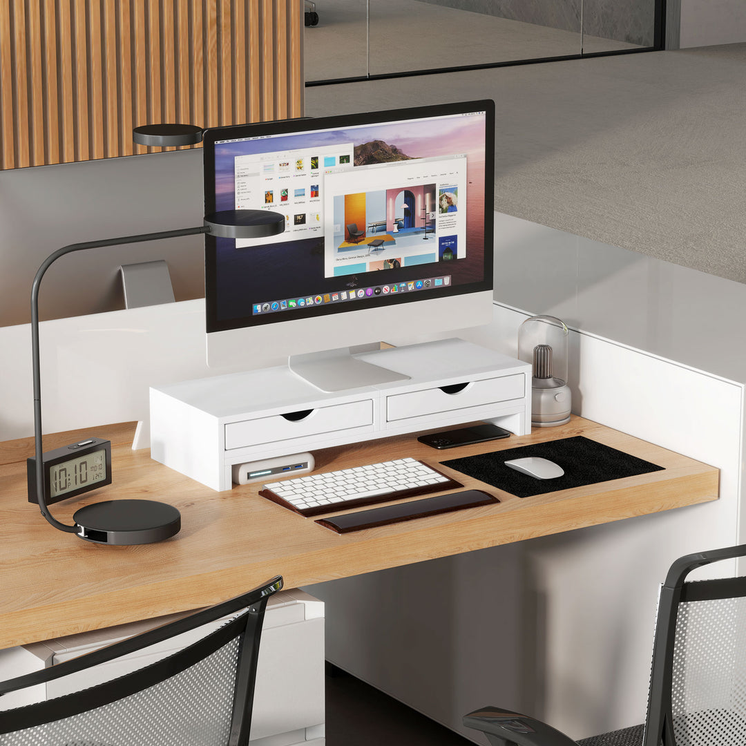 Dual Monitor Stand Riser with 2 Drawers, Adjustable Length and Angle, 116cm Monitor Riser for Laptop, Computer, PC, Small Printer, White