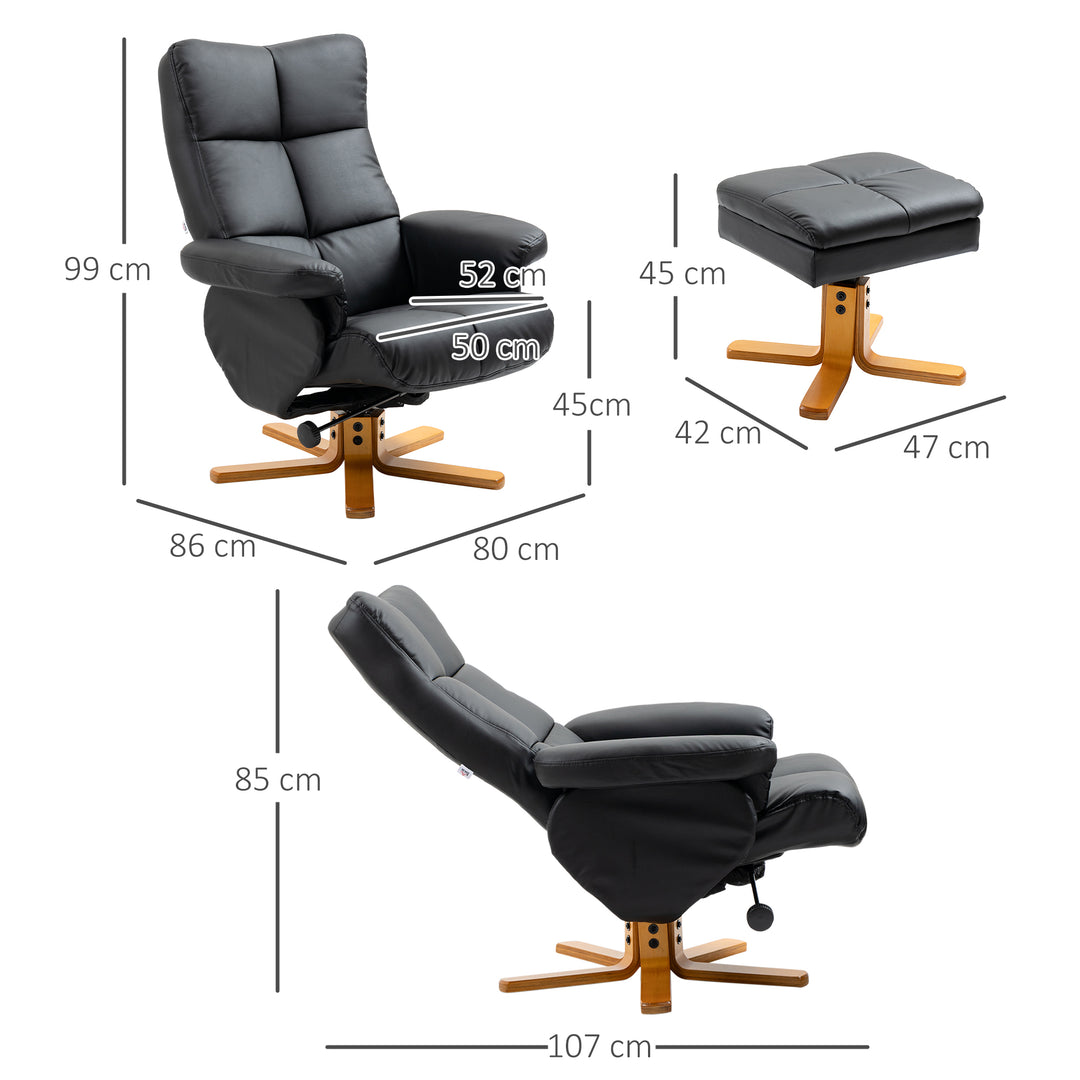 Recliner Armchair, Swivel Reclining Chair With Ottoman, Swivel Faux Leather Chair with Wooden Base and Storage Footstool for Living Room, Black