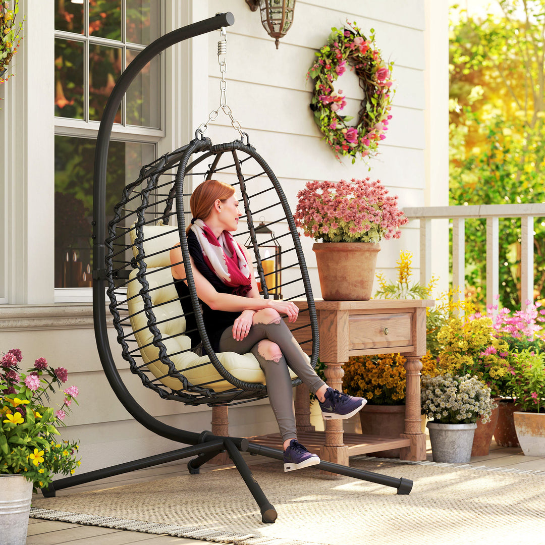 Rattan Hanging Egg Chair, Foldable Wicker Hammock Swing Chair with Cushion, Stand, Adjustable Height, Head Pillow, Steel Frame for Garden Patio Indoor Outdoor, Cream White