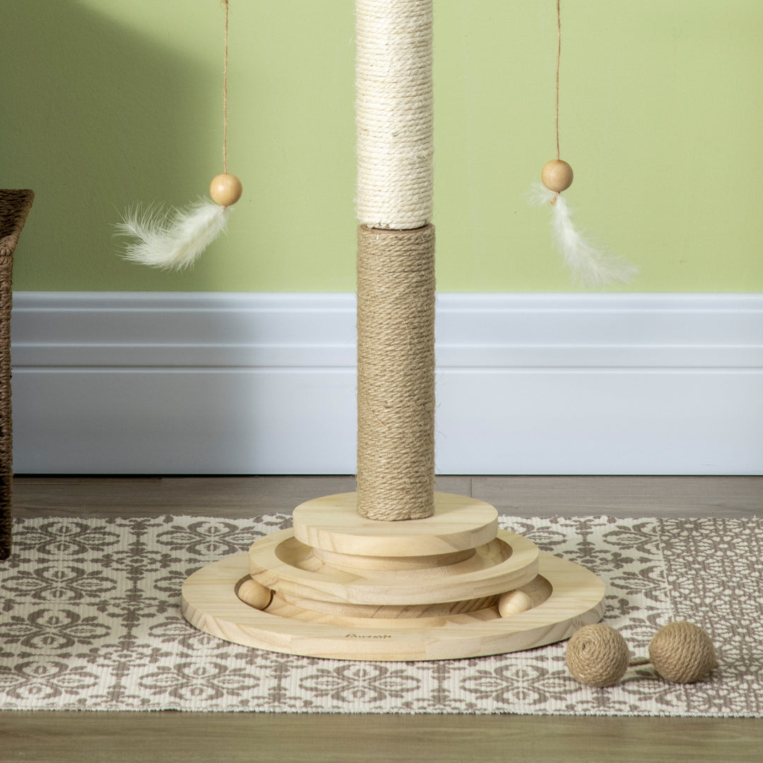 Cat Tree, with Scratching Post, Turntable Toy Ball - Natural Finish