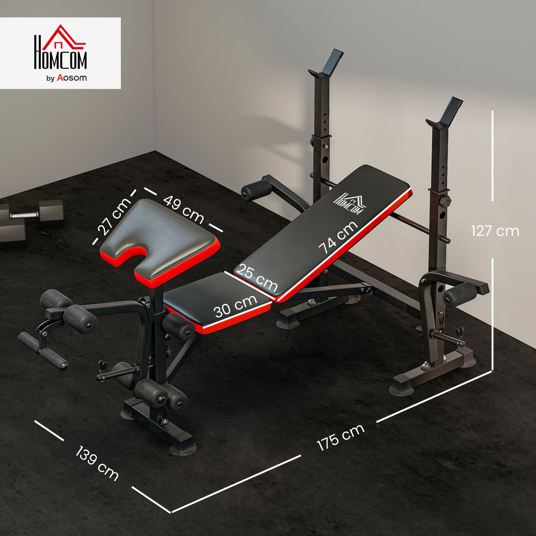 Adjustable Weight Bench with Leg Extension, Barbell Rack, Preacher Curl Pad, Butterfly, Multi-Function Home Gym Bench for Strength Training, Red