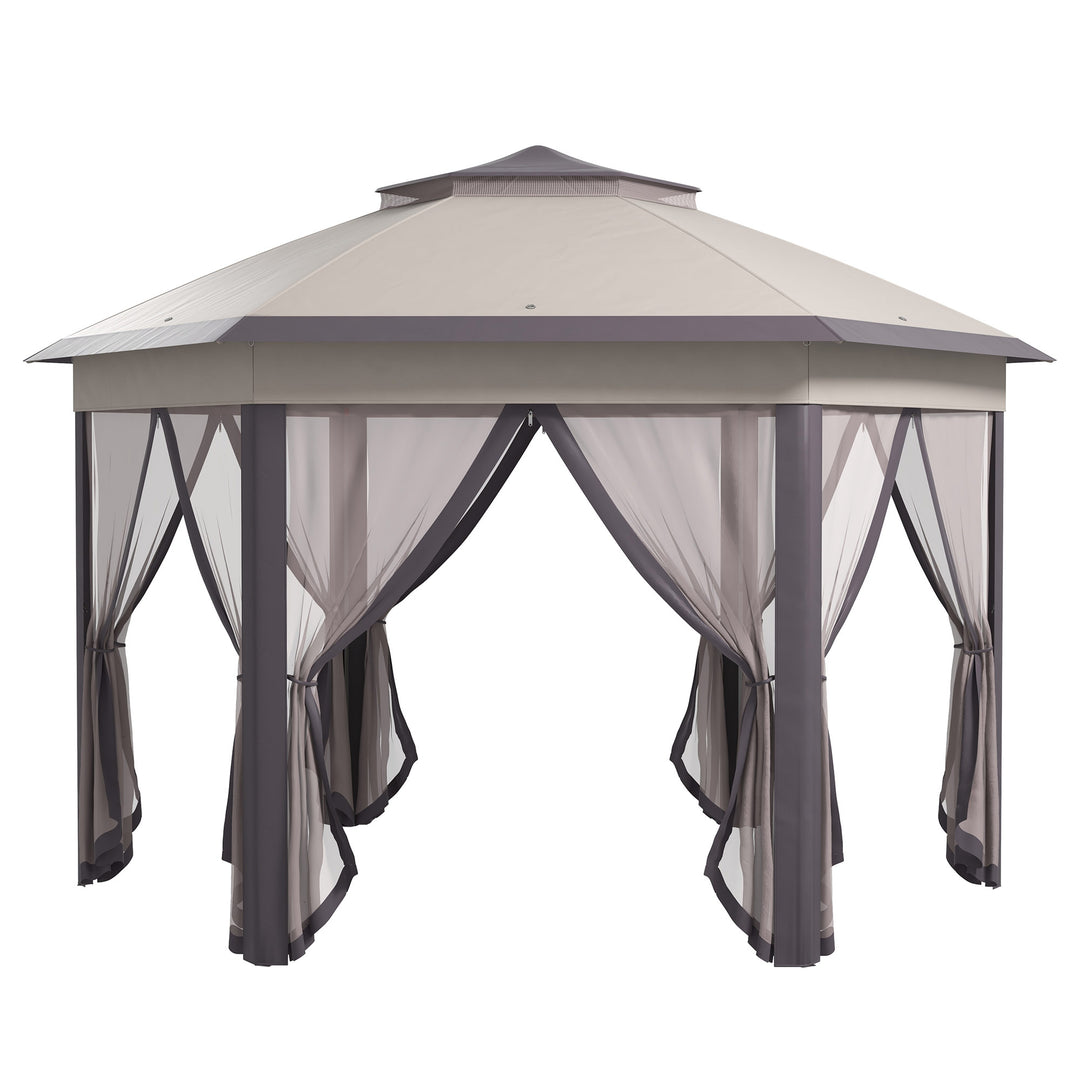 3 x 4m Garden Gazebo Hexagon Pop Up Gazebo Party Tent Canopy Double Roof Instant Shelter with Netting and Carry Bag for Outdoor Patio, Beige