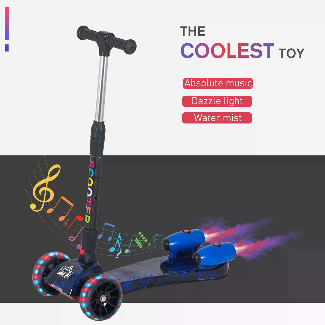 HOMCOM Kids 3 Wheel Kick Scooter Adjustable Height w/ Flashing Wheels Music Water Spray Foldable Design Cool On Off Road Vehicle Blue | Aosom UK