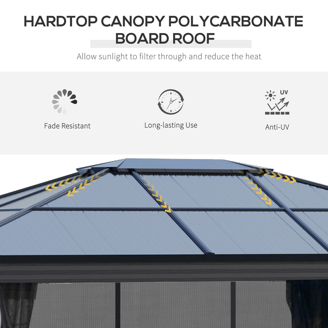 3.6 x 4m Hardtop Gazebo Canopy with Polycarbonate Roof, Aluminium Frame, Permanent Pavilion Garden Gazebo with Netting and Curtains for Patio, Deck, Dark Grey