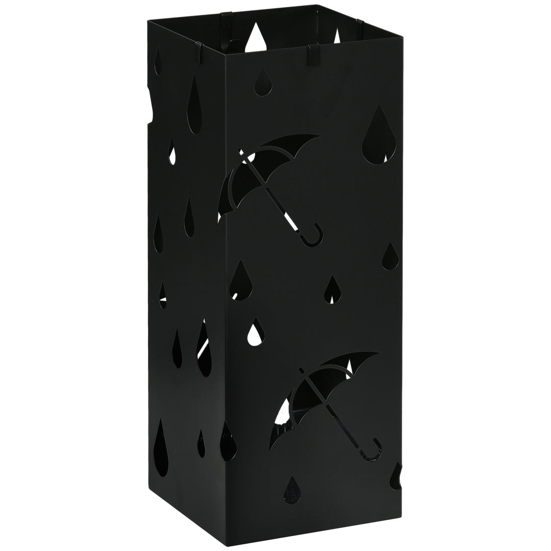 Steel Umbrella Stand, Square Umbrella Holder with 4 Hooks and Removable Drip Tray, Hollowed Umbrella Basket for Hallway, Black