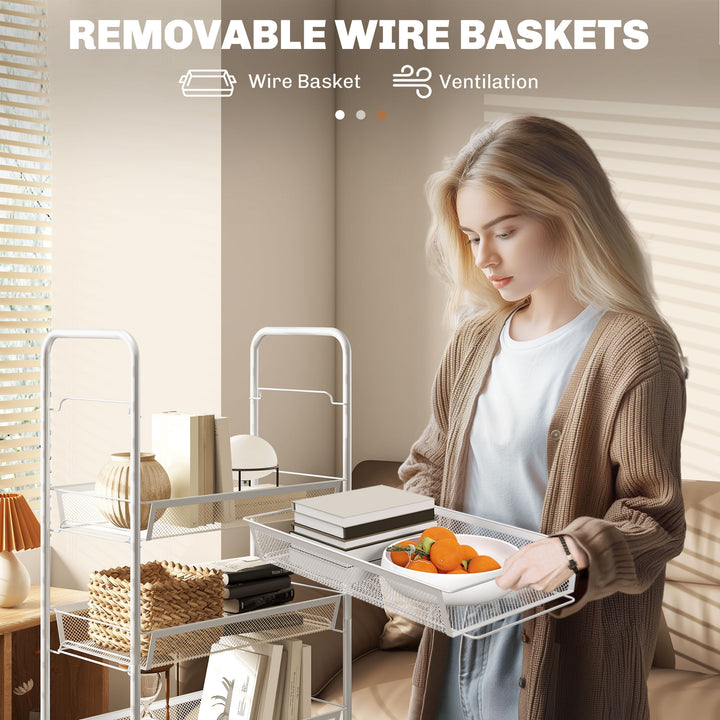 Five-Steel Mesh Basket Storage Trolley, with Wheels - White