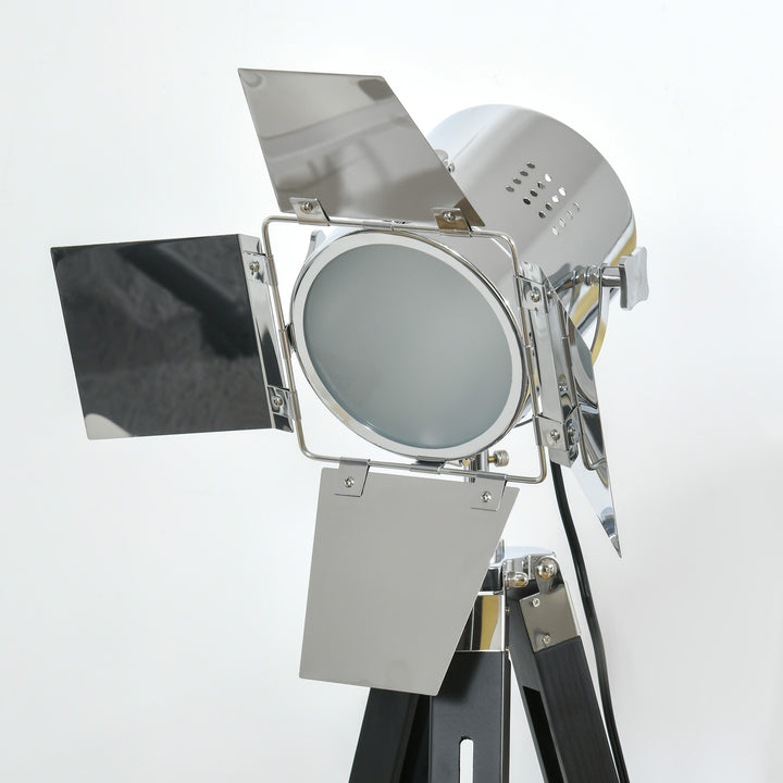 Industrial Tripod Floor Lamp, Nautical Cinema Standing Spotlight with Wood Legs and Adjustable Height for Living Room, Bedroom, Black and Silver