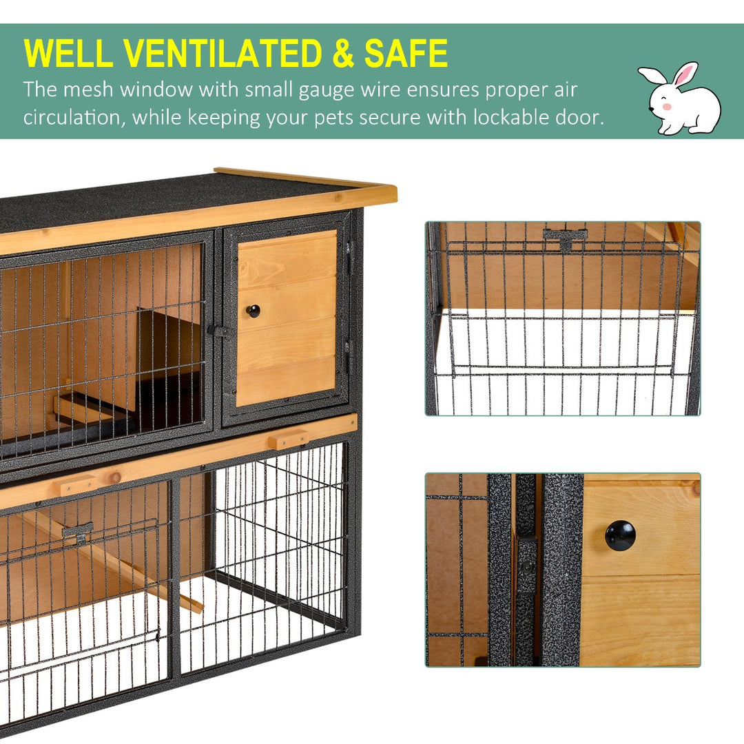 PawHut Wood-metal Guinea Pigs Hutches Elevated Pet House Bunny Cage with Slide-Out Tray Asphalt Openable Roof Lockable Door Outdoor | Aosom UK