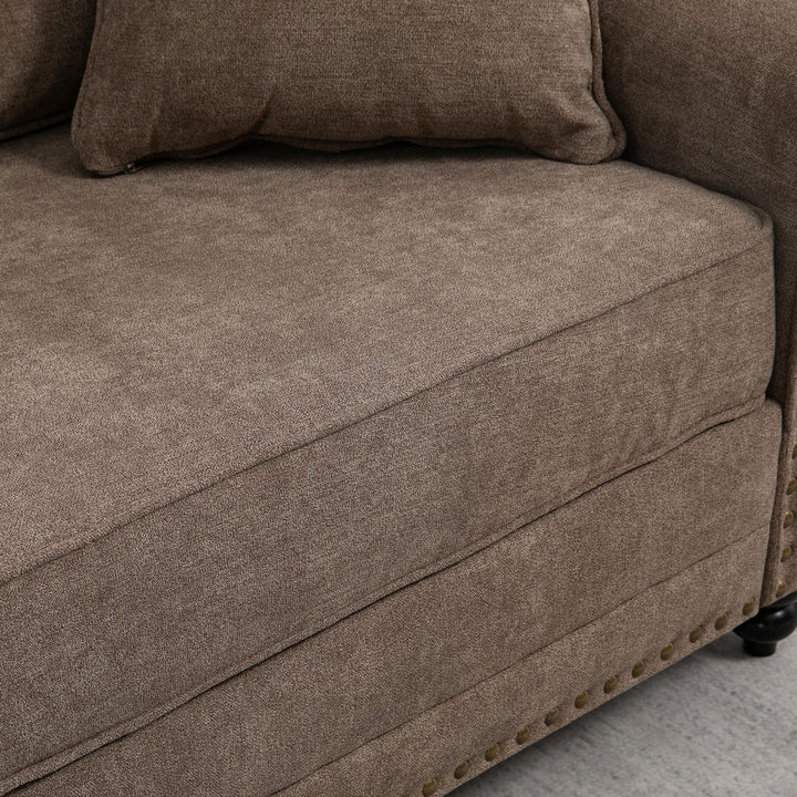 3 Seater Sofa, Fabric Couch with Rubber Wood Legs, 3 Seater Settee with Extra Padded Cushions and Pillows for Living Room, 196W x 80.5D x 89H cm, Brown