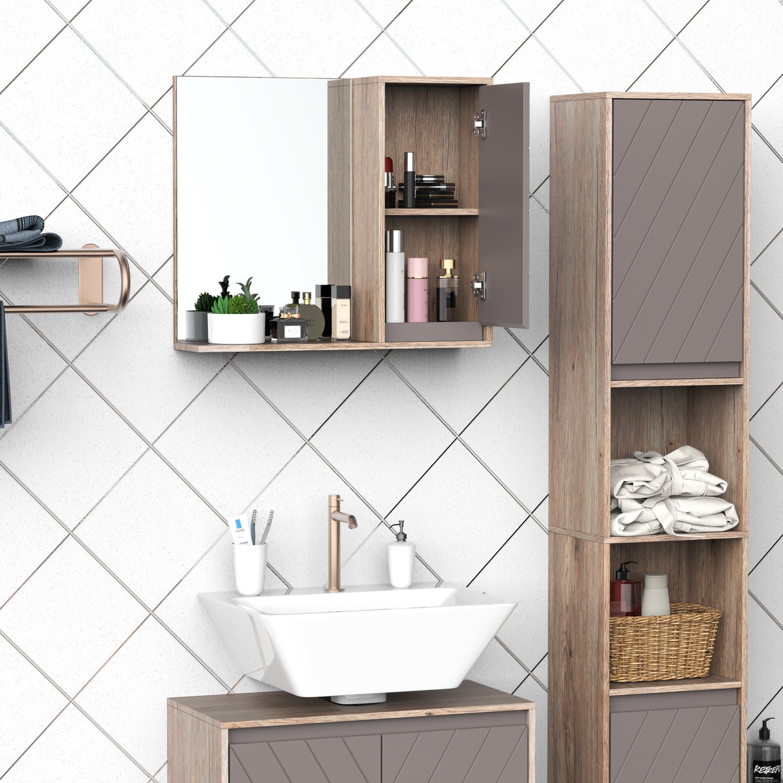 Bathroom Mirror Cabinet, Wall-Mounted Bathroom Cabinet with Mirror and Adjustable Inner Shelf, 57L x 14.2W x49.2H cm