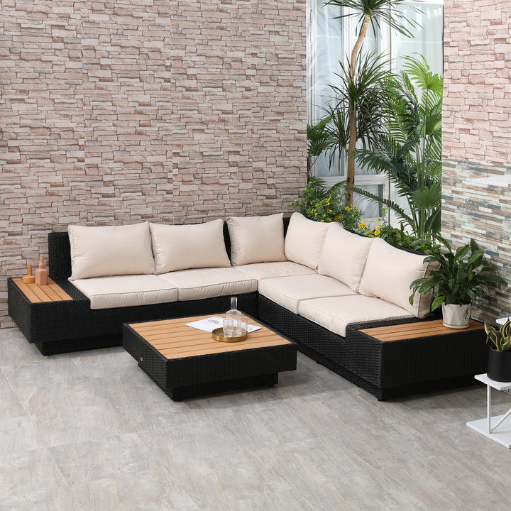 4 PCs Rattan Garden Furniture Outdoor Sectional Corner Sofa and Coffee Table Set  Conservatory Wicker Weave Furniture with Armrest and Cushions - Black