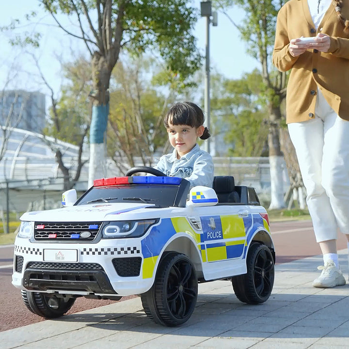 MCL 12V Electric Car for Kids Police Car 2 Motors with Parental Remote Control Siren Flashing Lights USB Portable for 3-6 Years White