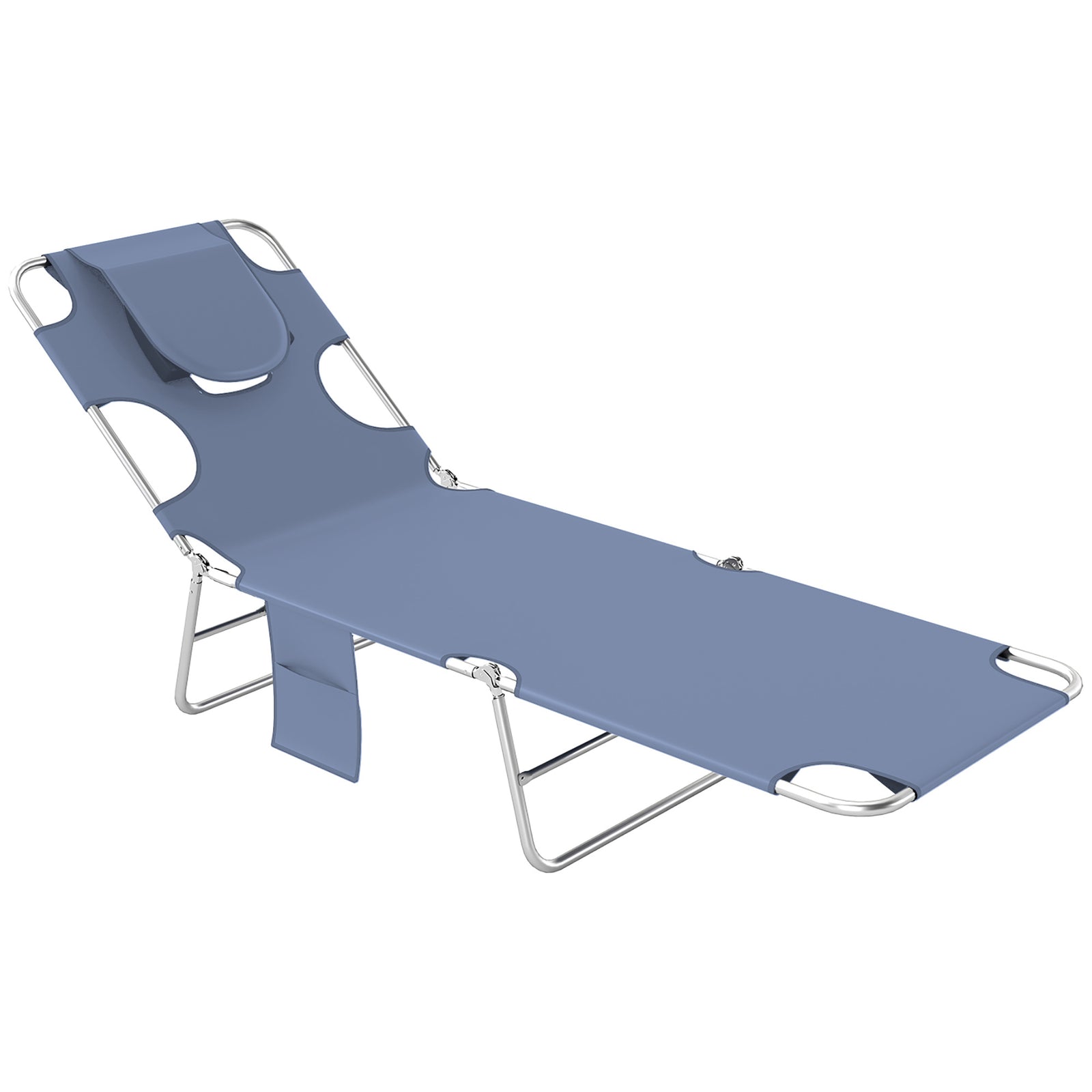 Foldable Sun Lounger, Beach Chaise Lounge with Reading Hole, Arm Slots, 5-Position Adjustable Backrest, Side Pocket, Pillow for Garden, Beach, Pool, Grey