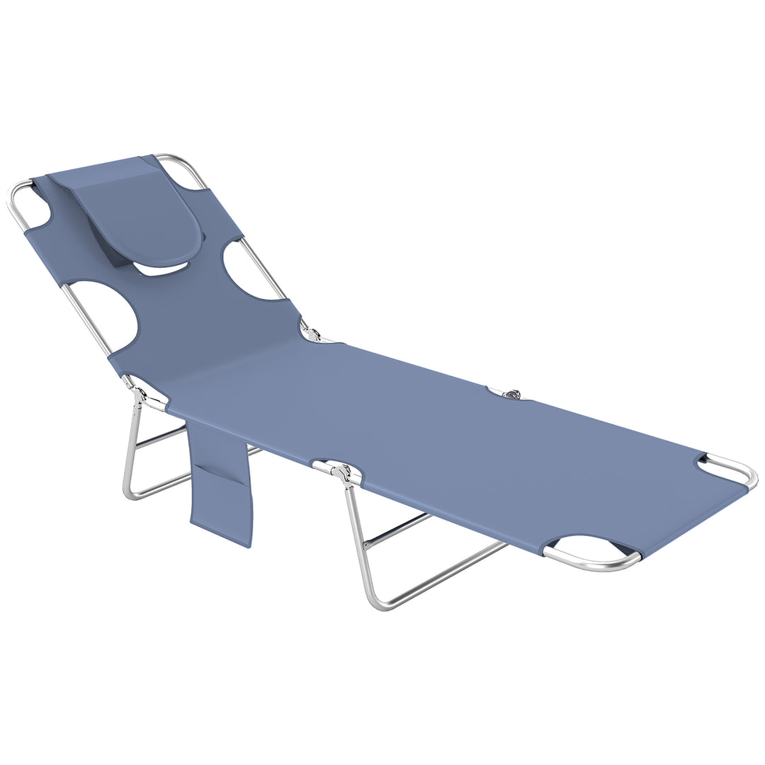 MCL Foldable Sun Lounger, Beach Chaise Lounge with Reading Hole, Arm Slots, 5-Position Adjustable Backrest, Side Pocket, Pillow for Garden, Beach, Pool, Grey